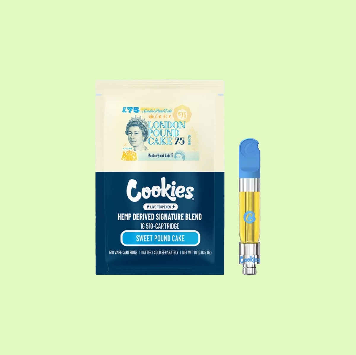 Vape pen Herbe à Chat CBD Cartridge London Pound Cake CBC Infused Cookies avec design coloré et logo visible.
