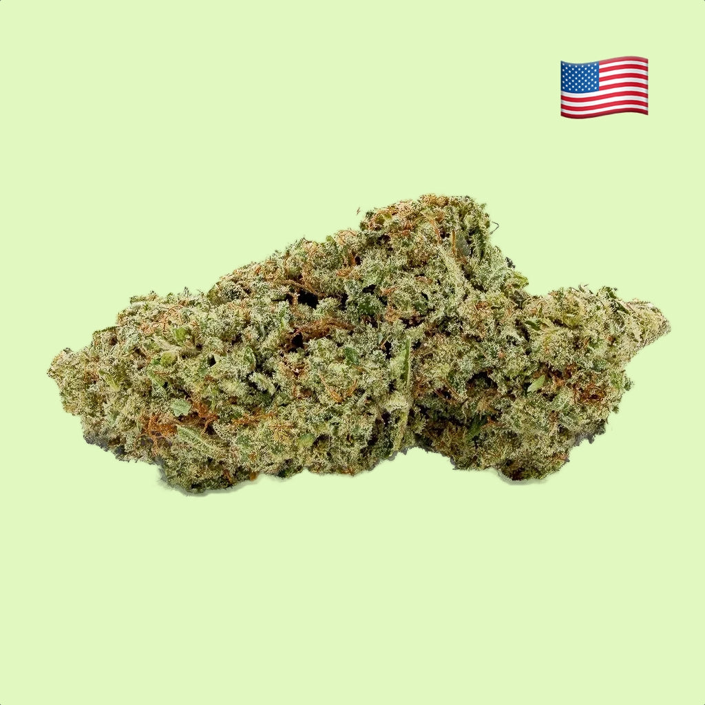 Fleurs brut Iced Runtz CBD de Herbe à chat CBD, intérieur, cultivé aux USA, 15% CBD, bourgeons verts avec trichomes blancs.