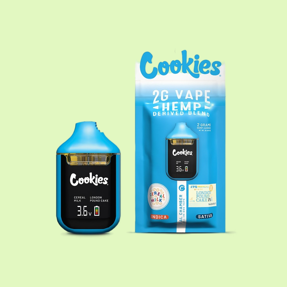 Stylos vape DUAL CHAMBER COOKIES CBD 96% CBC avec saveurs Cereal Milk et London Pound Cake, fabriqué par Herbe à chat CBD.