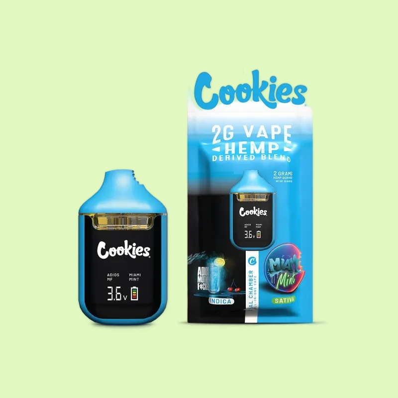 Stylo vape Herbe à chat CBD DUAL CHAMBER COOKIES® Miami Mint, avec design moderne et chambre double pour saveurs variées.