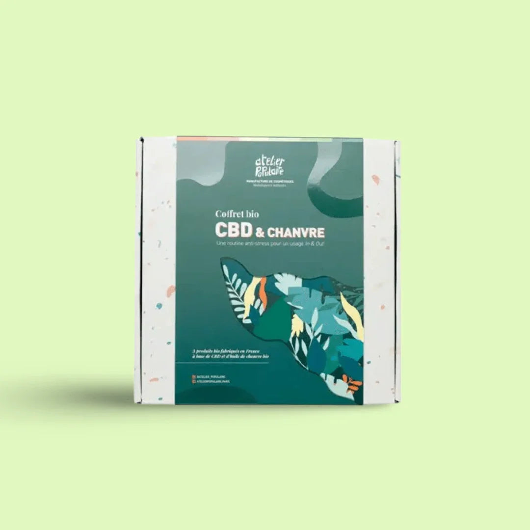 Coffret cadeau bio CBD et chanvre de la marque Herbe à Chat CBD, coffret cosmétique avec produits naturels.