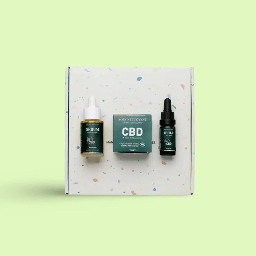 Coffret cadeau cosmétique bio CBD et chanvre de Herbe à Chat CBD, contenant des produits naturels dans un emballage élégant.