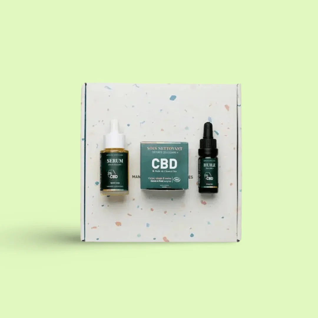 Coffret cadeau cosmétique bio CBD et chanvre de Herbe à Chat CBD, contenant des produits naturels dans un emballage élégant.