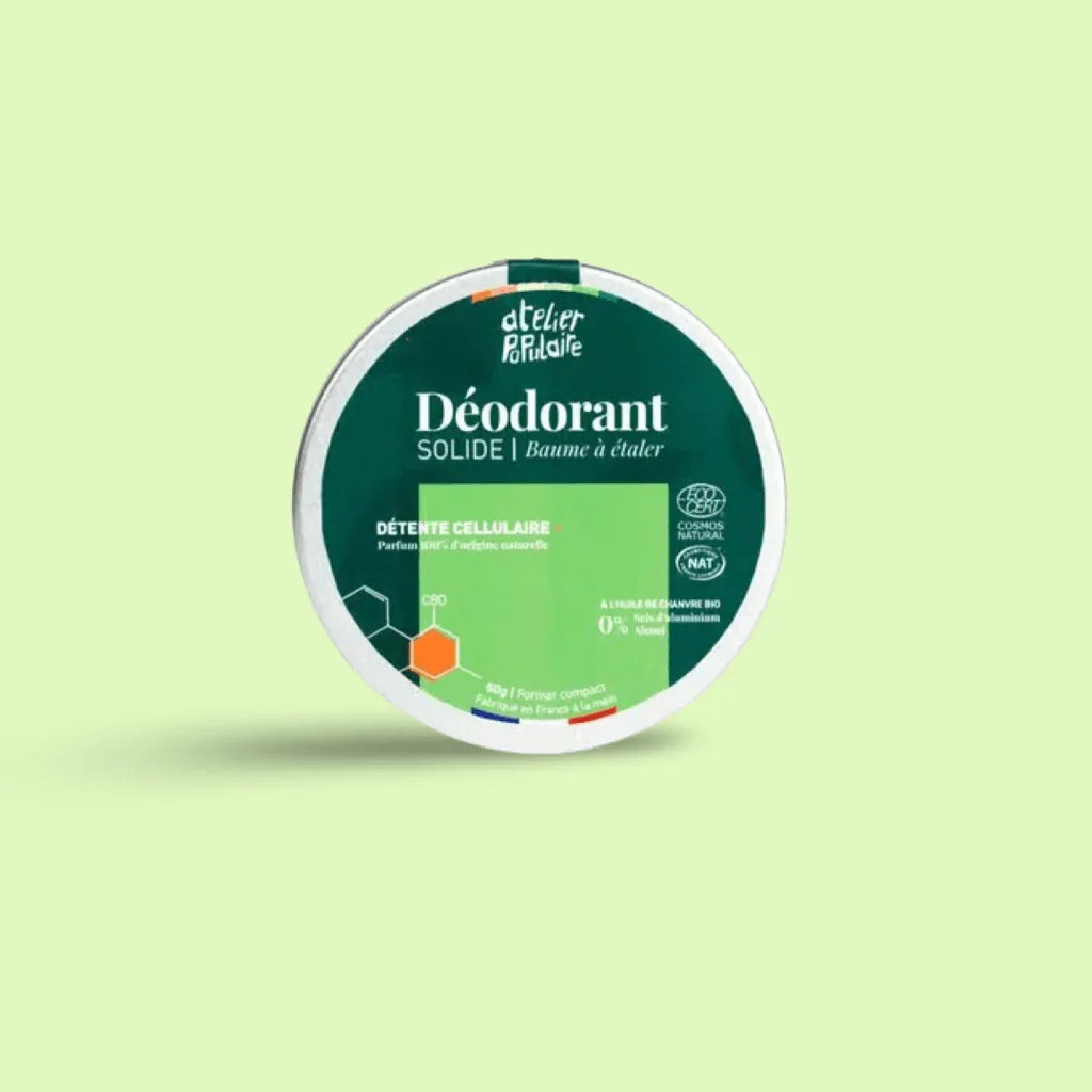 Déodorant solide Détente cellulaire au CBD de 50g par Herbe à chat CBD, cosmétique naturel pour relaxation.