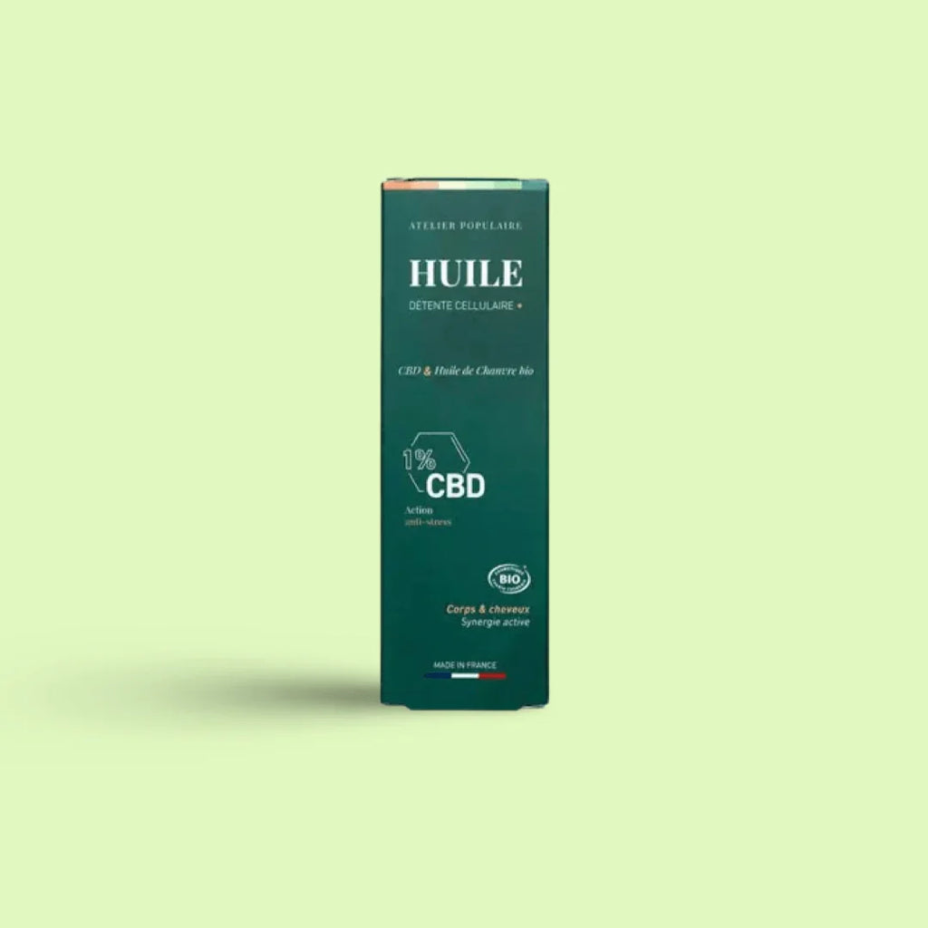 Huile corps et cheveux Herbe à chat CBD, cosmétique naturelle 100ml, flacon avec étiquette et bouchon.