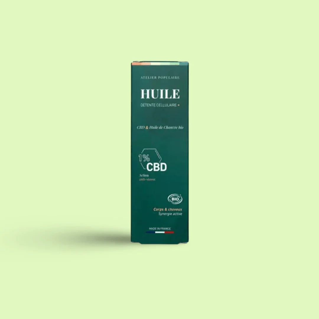 Huile corps et cheveux Herbe à chat CBD, cosmétique naturelle 100ml, flacon avec étiquette et bouchon.