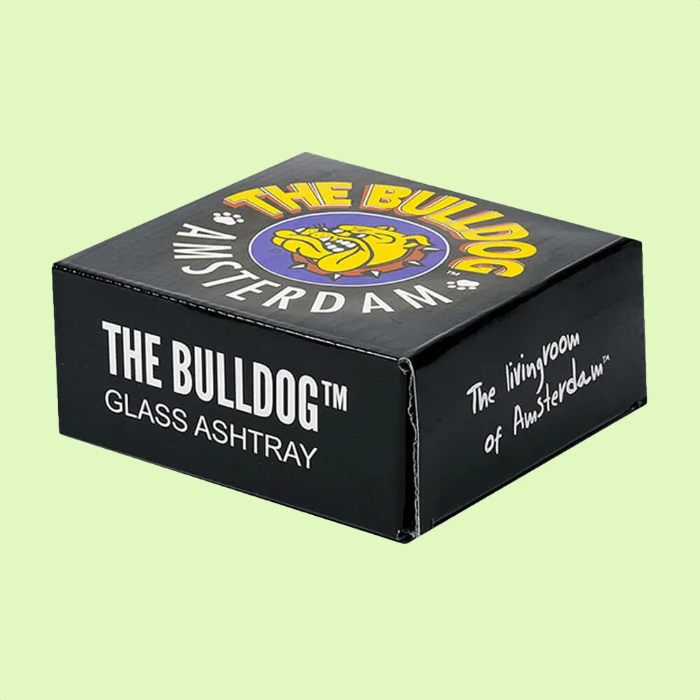 Cendrier rond en verre avec motif Bulldog, design élégant, fabriqué par Herbe à chat CBD.