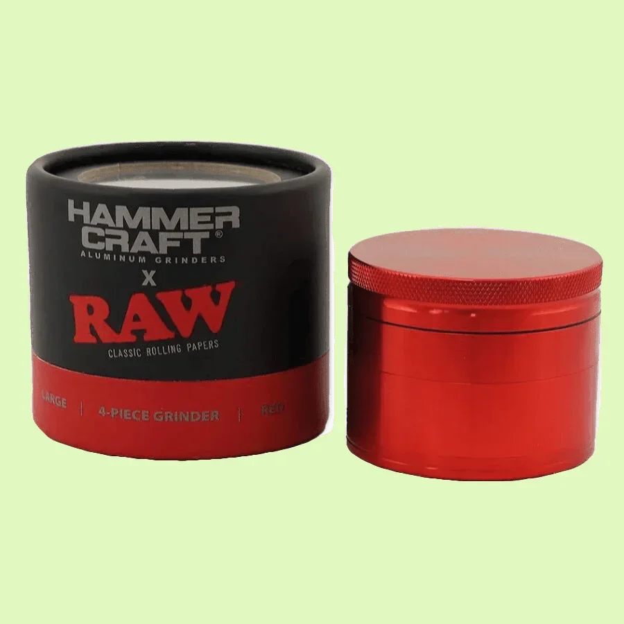 Grinder Hammercraft RAW ROUGE 60mm de Herbe à chat CBD, moulin à herbes en métal rouge avec dents robustes.