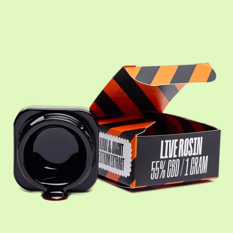 Rosin vivant à 55 % de CBD de Herbe à chat CBD, concentré de cannabis en gramme, visible dans l'image.