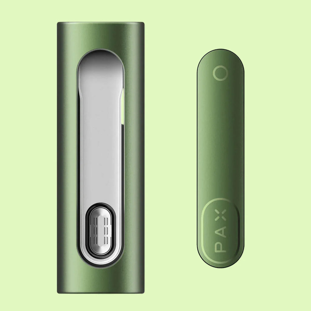 Vaporisateur PAX Flow Greenstone de Herbe à chat CBD, élégant et compact, destiné à l’inhalation de CBD.