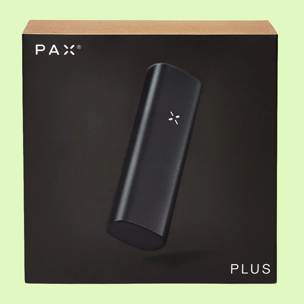 Vaporisateur PAX Plus Onyx de Herbe à chat CBD, noir, avec écran digital et bouton de contrôle.
