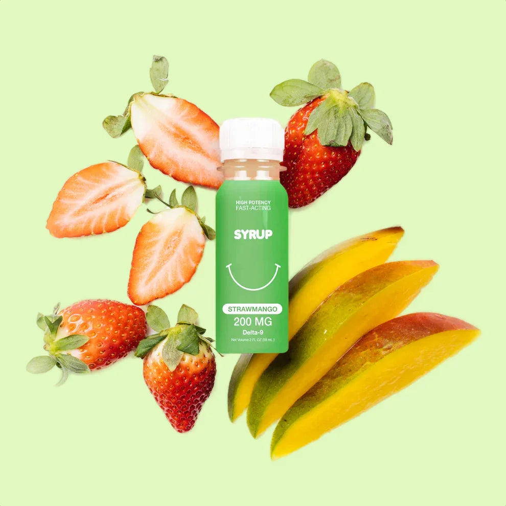 Sirop CBD Strawmango de 200mg de la marque Herbe à chat CBD, bouteille avec étiquette colorée et bouchon.