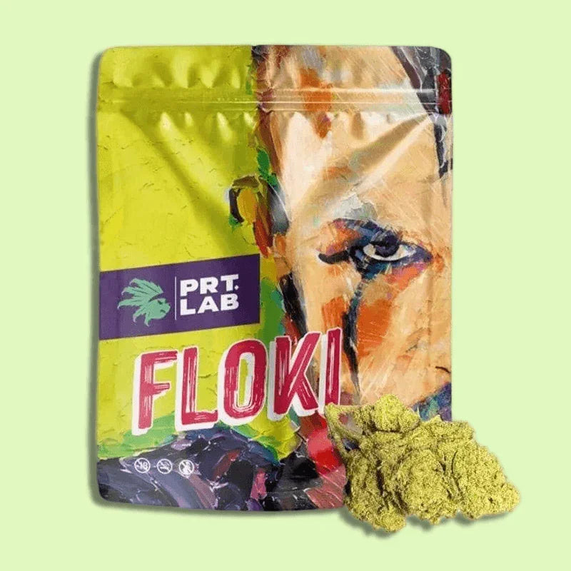 Fleurs de CBD FLOKI Herbe à chat CBD, brut, 3,5g, indoor, 8-12% CBD, variété Booba x PRT LAB, plante de cannabis.