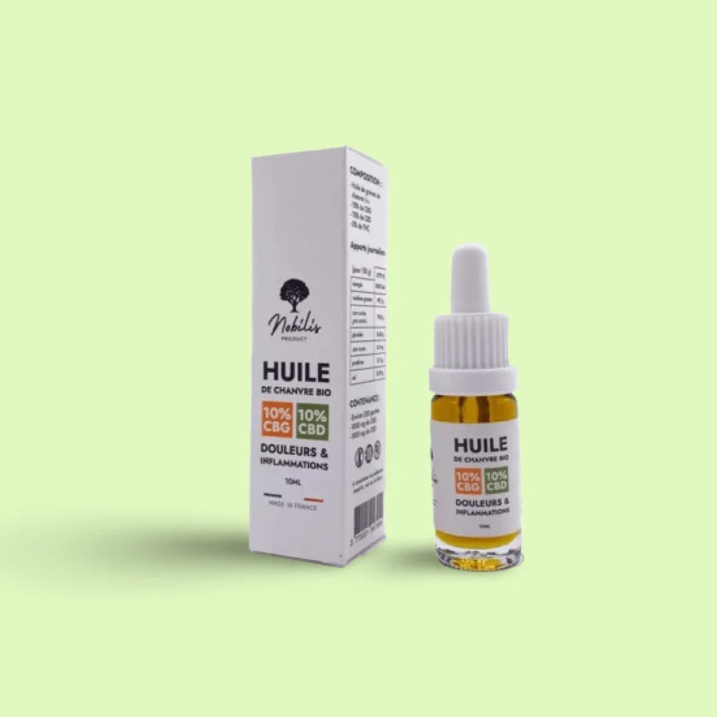 Huile CBD 10% et CBG 10% de Herbe à chat CBD, flacon avec pipette pour douleurs et inflammations, vue en gros plan