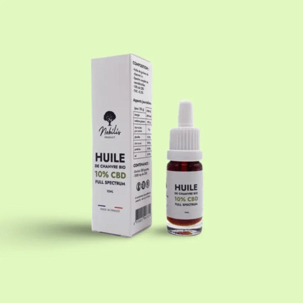 Huile CBD 10% Full Spectrum de Nobilis dans un flacon de 10 ml, huile naturelle de la marque Herbe à Chat CBD.