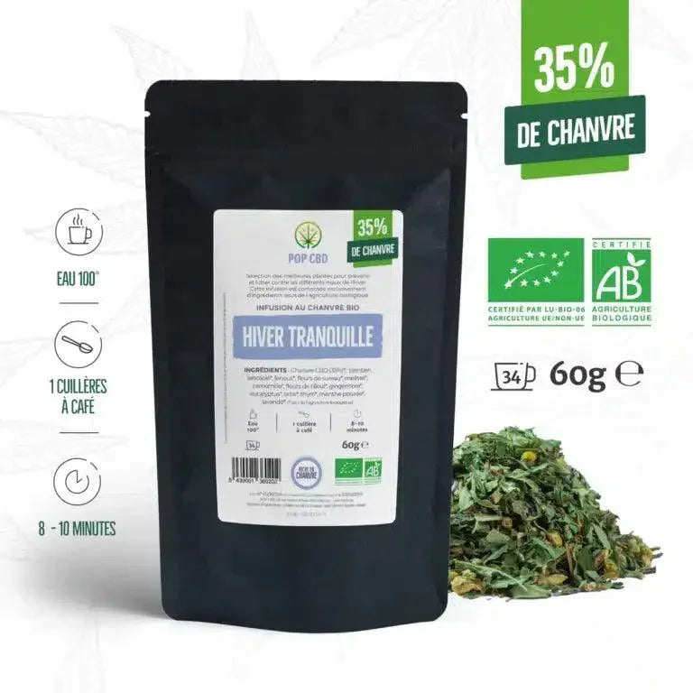 Tisane CBD bio Hiver Tranquille 60g, infusion chanvre 35%, certifiée biologique, sachet noir et mélange d’herbes.