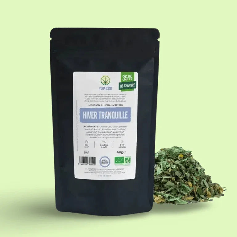 Infusion bio CBD Hiver Tranquille de Herbe à Chat CBD, tasse avec infusion de plantes, emballage de 60g.