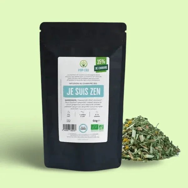 Infusion CBD bio "Je suis Zen" de Herbe à Chat CBD, 60g, tasse avec infusion de plantes apaisantes.
