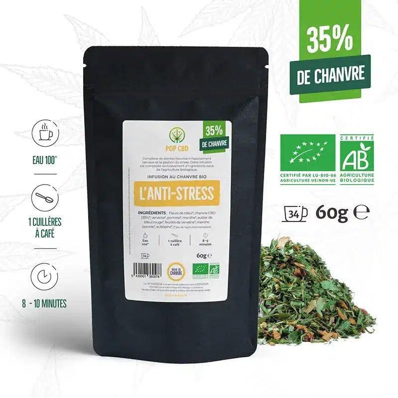 Infusion Bio CBD Herbe à Chat Anti-Stress, 60g, tasse avec infusion de plantes relaxantes, emballage de tisane CBD naturelle.
