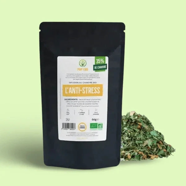 Infusion bio CBD l’Anti Stress de Herbe à Chat CBD, sachet de 60g avec plantes apaisantes pour relaxation.
