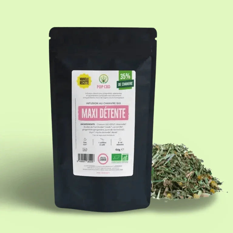 Infusion de tisane CBD bio Maxi Détente par Herbe à Chat CBD, 60g, contenant des plantes apaisantes pour la relaxation.