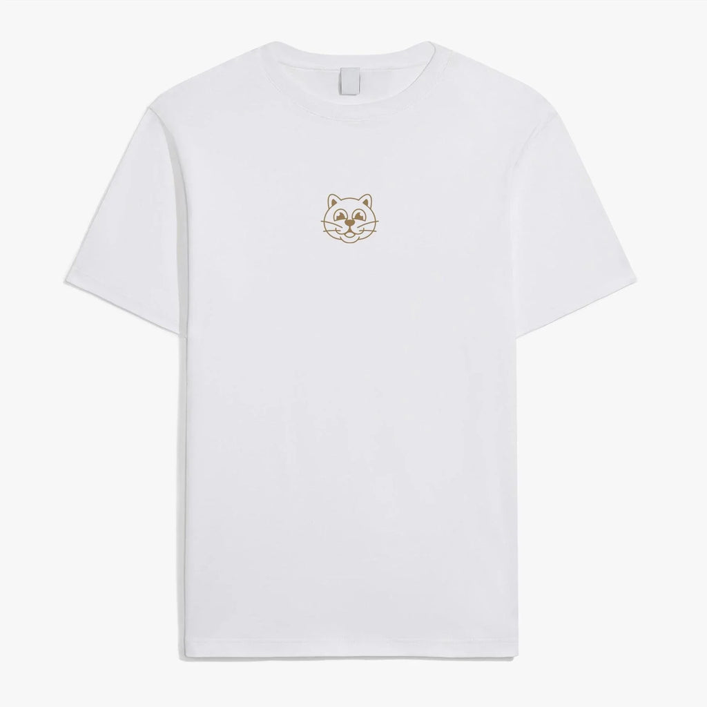 Tee-shirt blanc et marron Herbe à Chat CBD, style décontracté, tissu confortable, logo HAC CBD visible sur le devant.