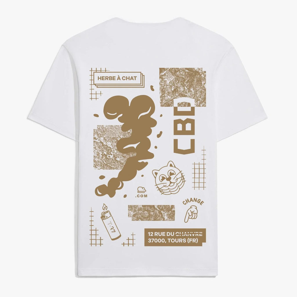 Tee-shirt HAC CBD de la marque Herbe à chat CBD en blanc et marron, tissu confortable et style décontracté.