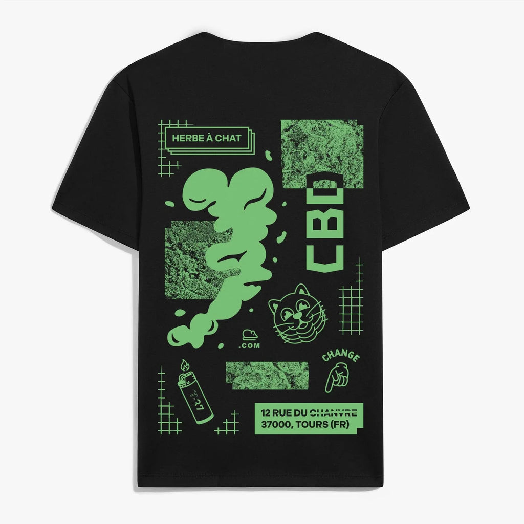 Tee-shirt noir et vert Herbe à Chat CBD HAC, en coton, avec logo imprimé visible à l'avant.
