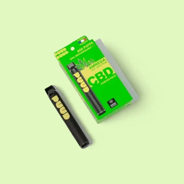 Stylo vape Herbe à Chat CBD Puud Amnesia Full Spectrum avec vaporisateur portable et design moderne.